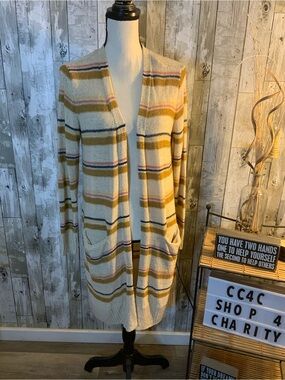 Maurices Cream Striped Open-Front Cardigan with Mustard & Navy